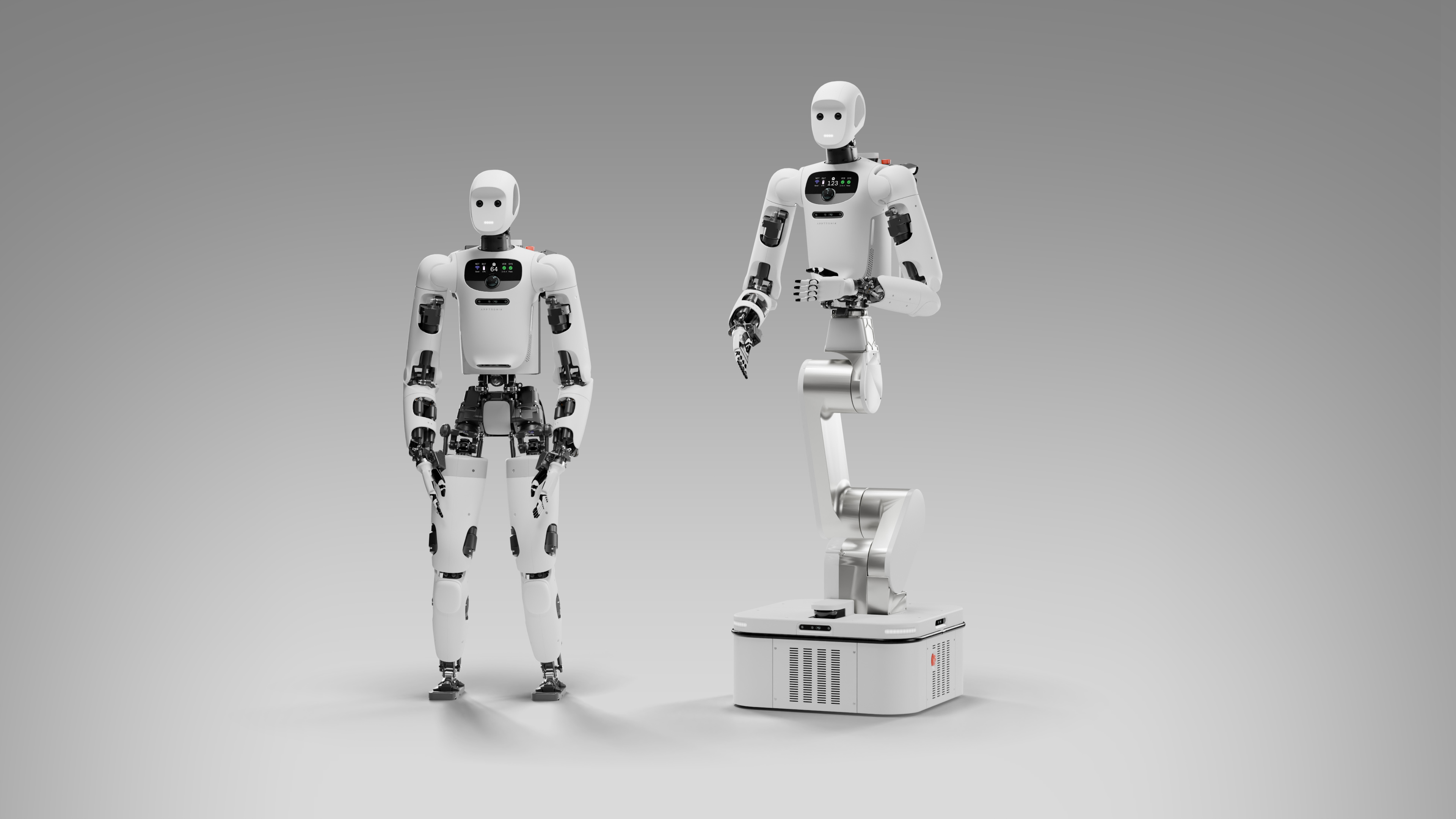 Apollo 2 humanoid robots shown in bipedal and wheeled-base configurations