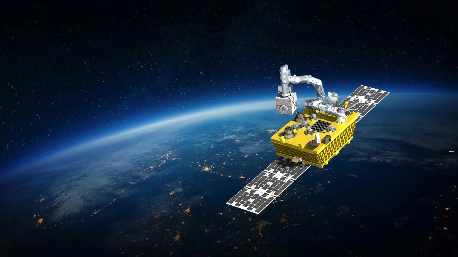 Fly Foundational Robots mission concept showing a golden spacecraft with a robotic arm in low Earth orbit