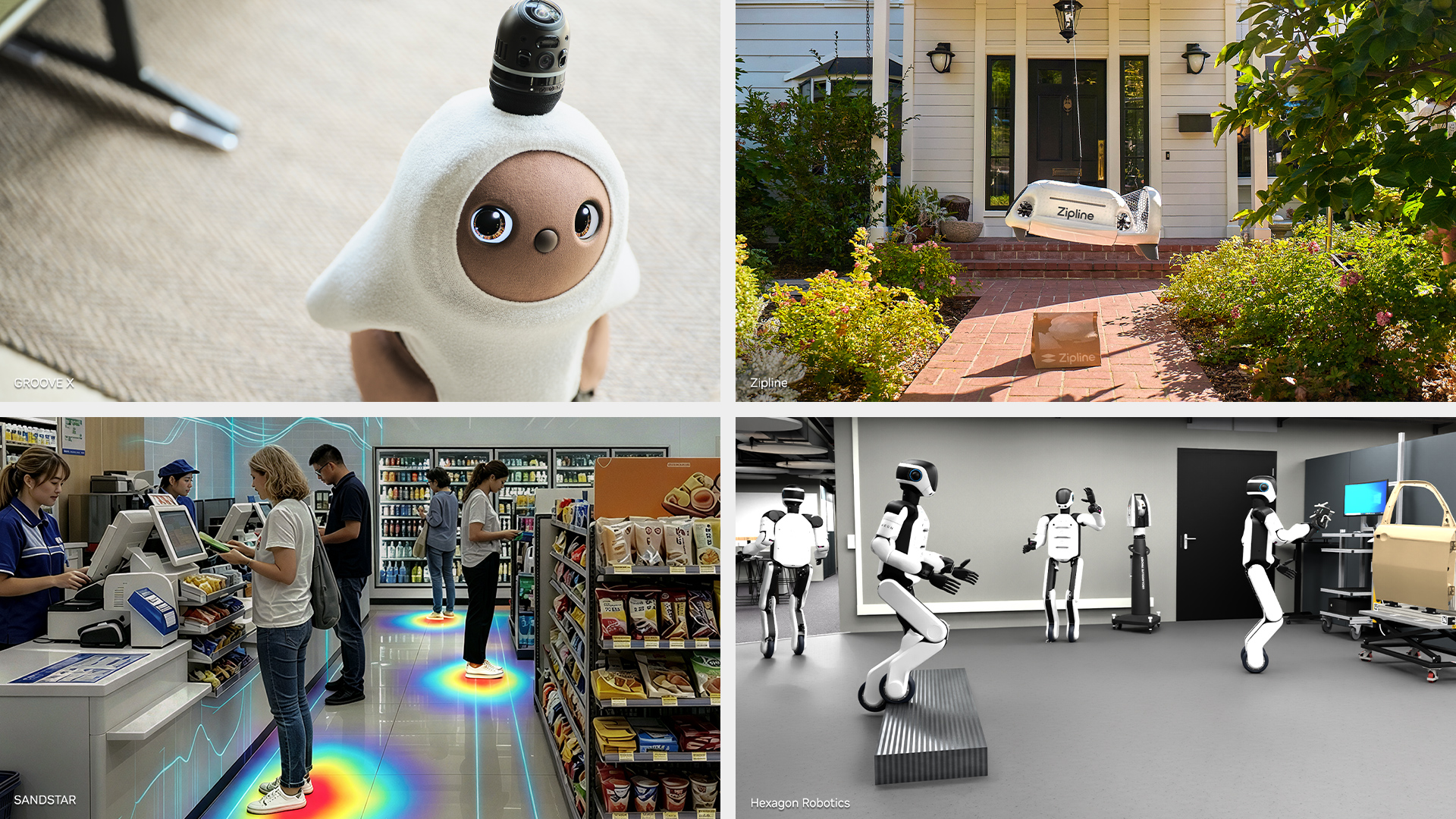 A collage showing edge AI use cases including a delivery drone, inspection vision and humanoid robots