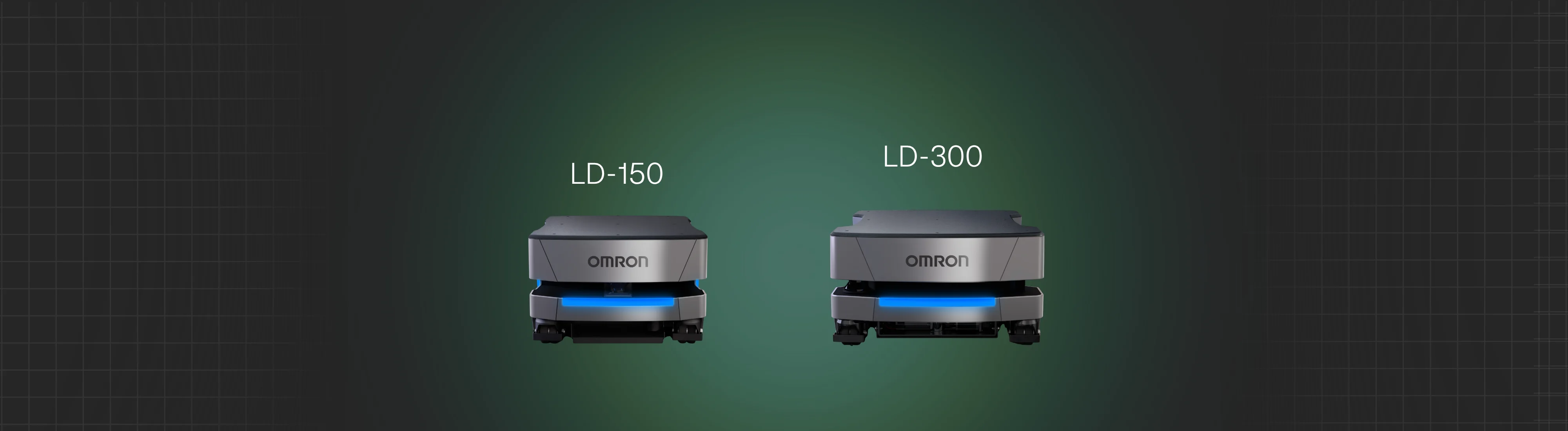 OMRON LD-150 and LD-300 autonomous mobile robots shown side by side